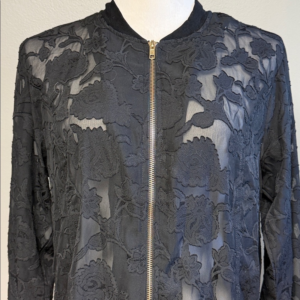 Kori America Sheer Floral Lace Bomber Jacket Black Size S - Picture 2 of 7